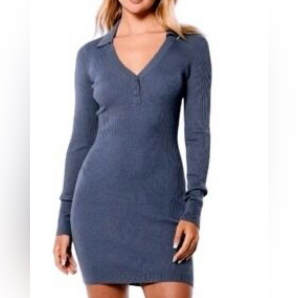 Hollister Light Navy Long Sleeve Knit Dress Stretch Bodycon